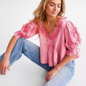 Free People Pink Sophie Embroidered Top - Large - NWOT